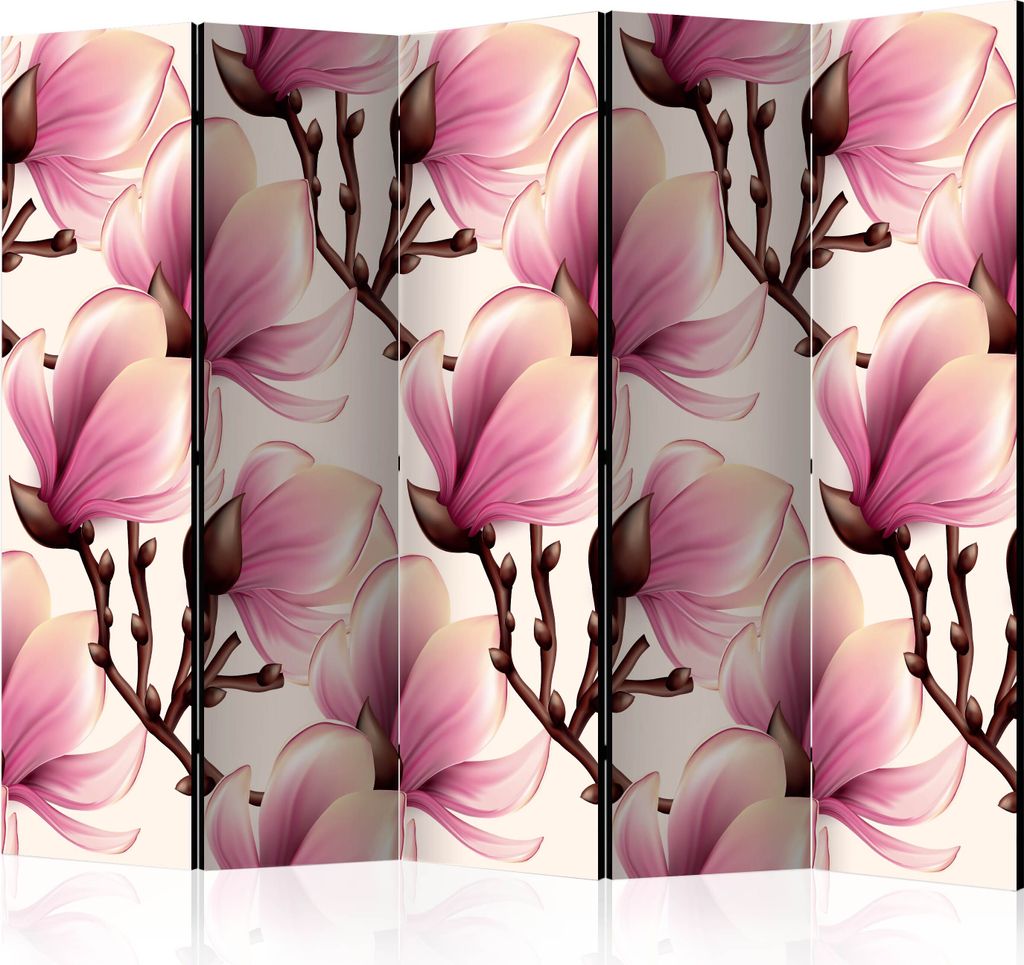5-teiliger Doppelseitiger Vlies Paravent - Blooming Magnolias II 225x172 cm Blumen b-B-0314-z-c