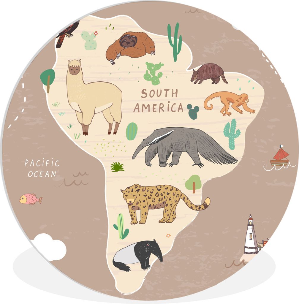 MuchoWow Rundes Wandbild - Runde Bilder Tiere - Weltkarte Kinder - Braun - Kinder - Jungen - Mädchen Ø 90 cm Kreis Wanddekoration Kunststoff - ...