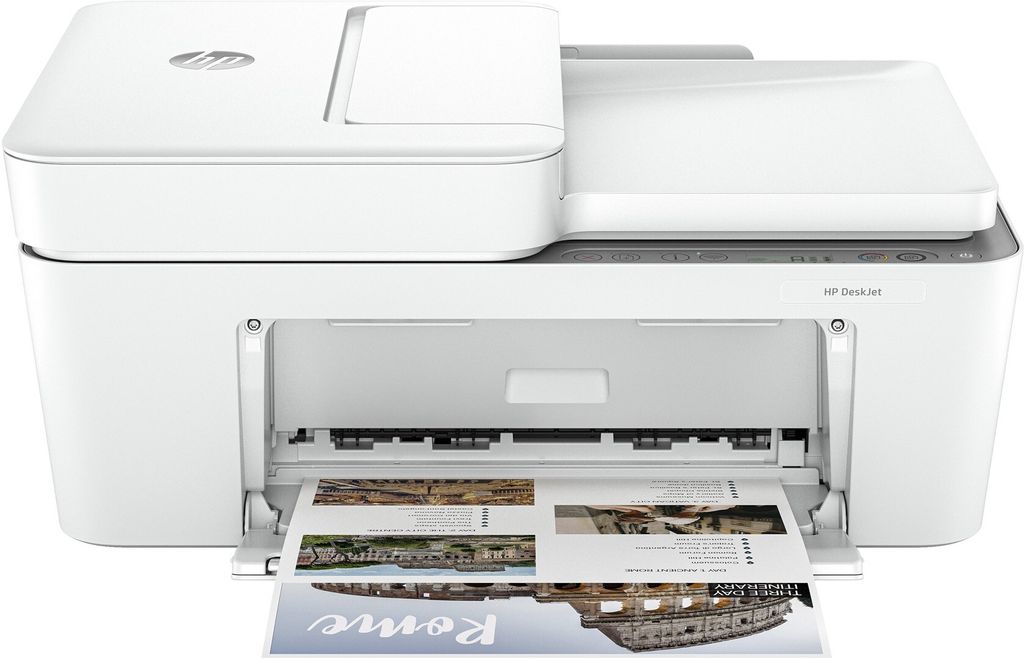 A white HP DeskJet 4220e All-in-One printer is shown from the front with a printed document partially ejected from the output tray.