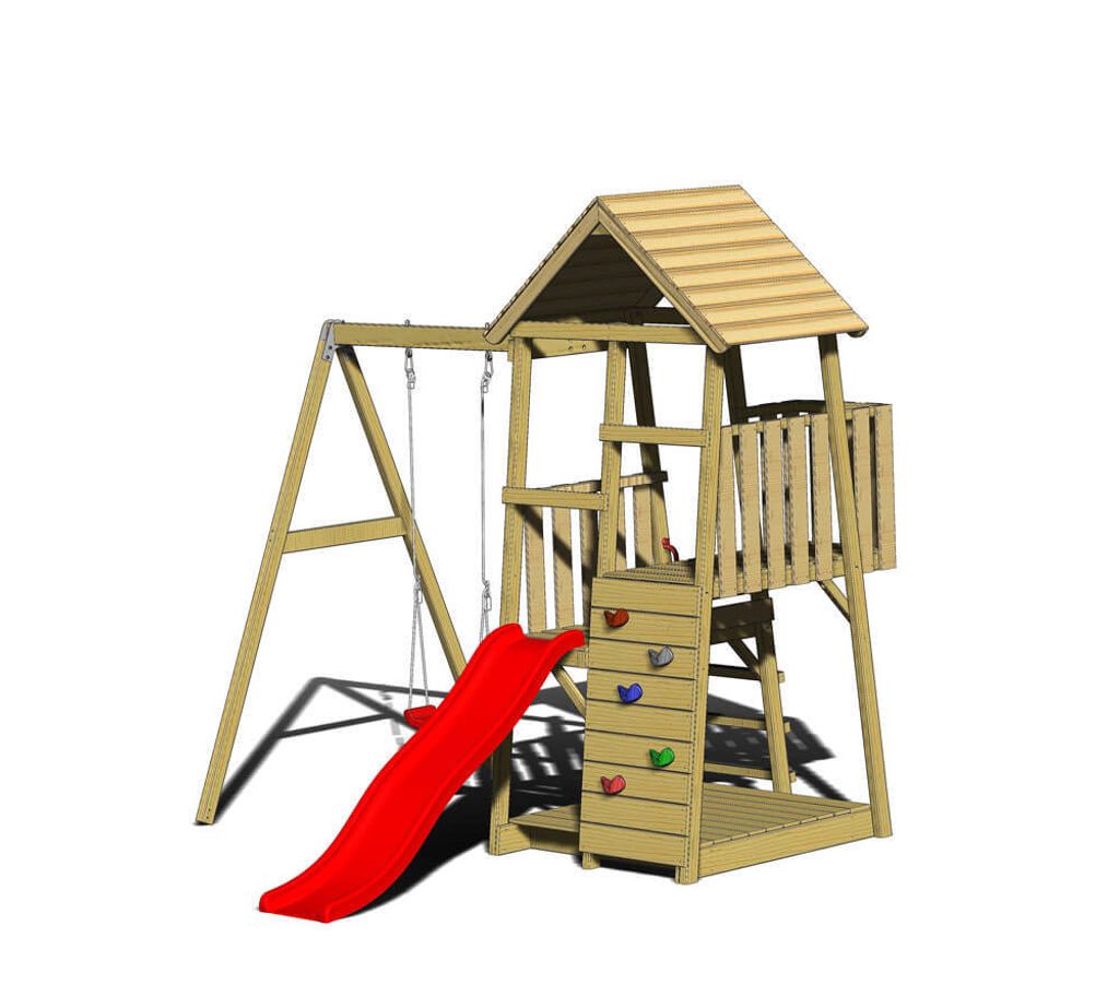 Wendi Toys Holz Spielturm Panda inkl. Rutsche, Kletterwand und Schaukel Natur 290x270x270 cm