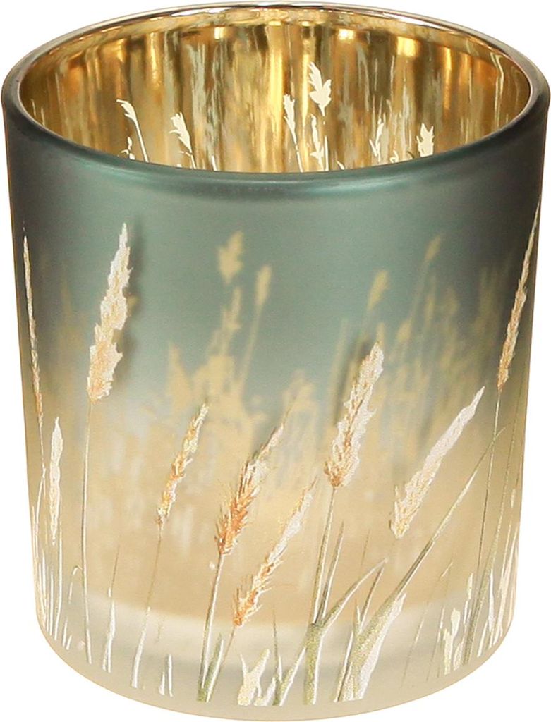 Deko Windlicht Glas Gräserdesign filigran stimmungsvolle Akzente innen Gold, 4 Stück