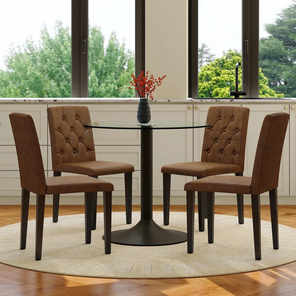 Ensemble table et chaises salle à manger en verre et tissu marron