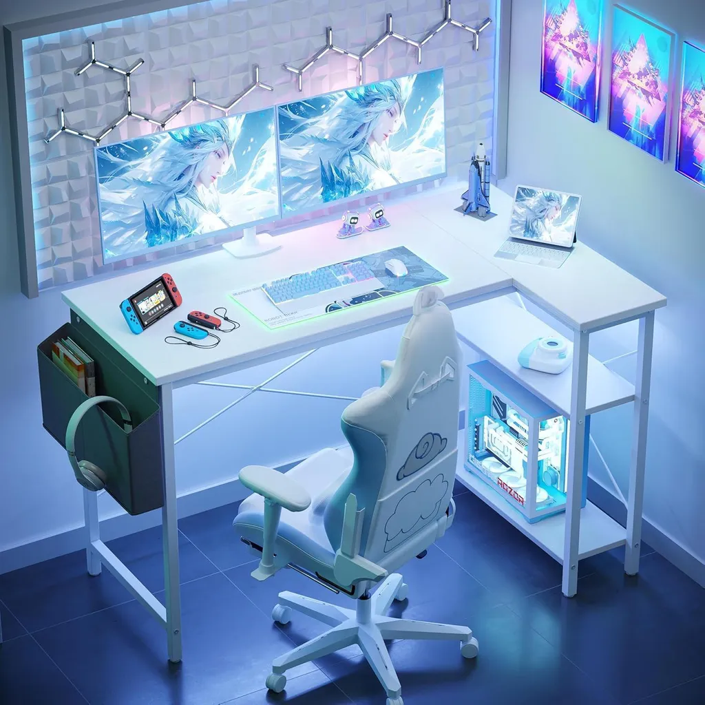 Bureau d'angle gaming 120x70 cm avec étagères de rangement intégrées - 2