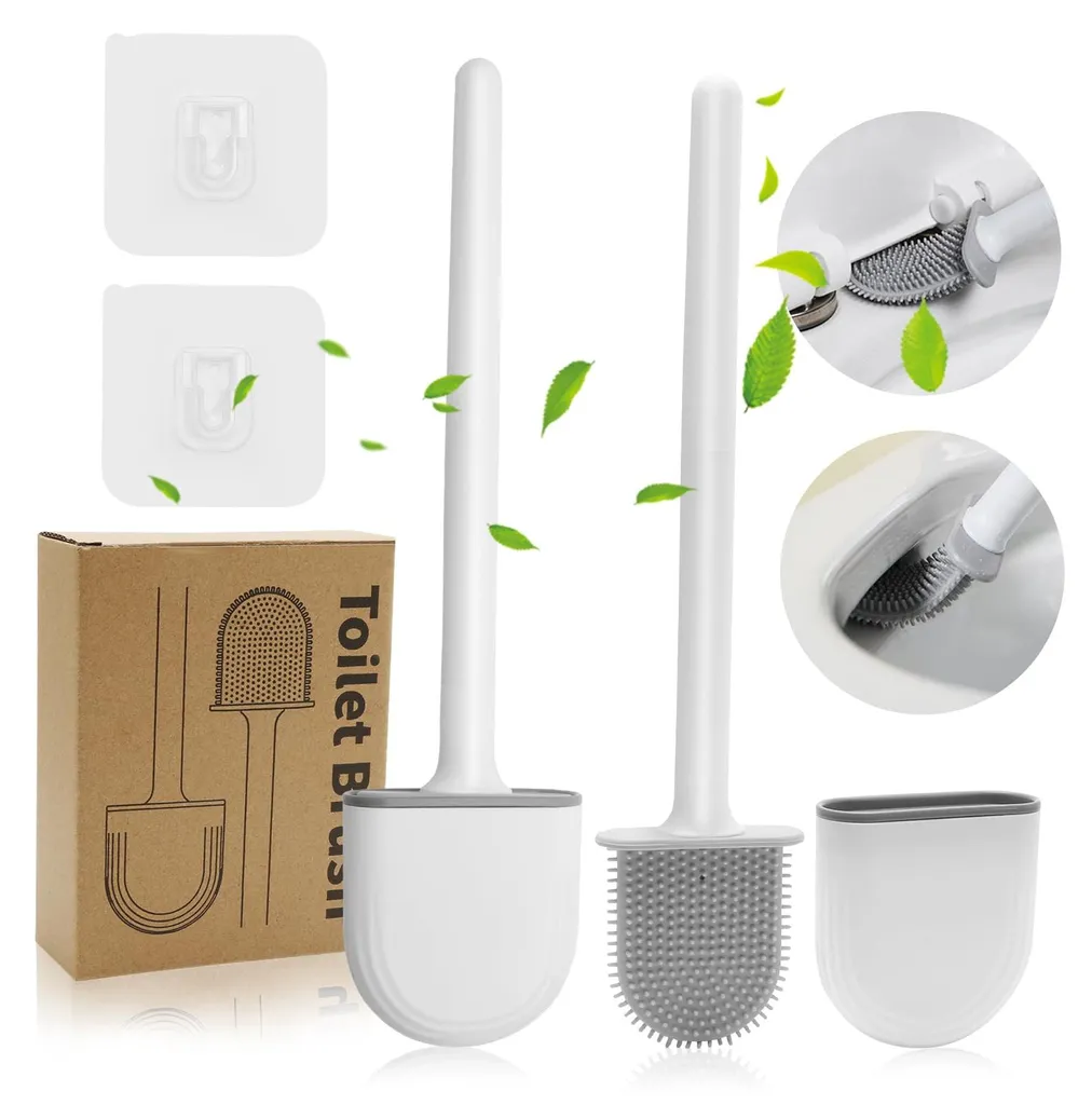 Lot de 2 brosses de toilettes plates et flexibles avec fixation murale