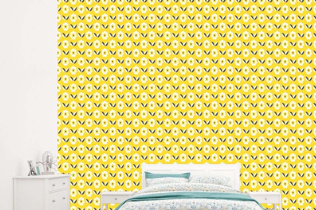 MuchoWow Fototapete für Wohnzimmer oder Schlafzimmer Wandtapete Vinyl Motivtapete Blume - Gelb - Muster - Sommer - 245x220 cm - Gemustert