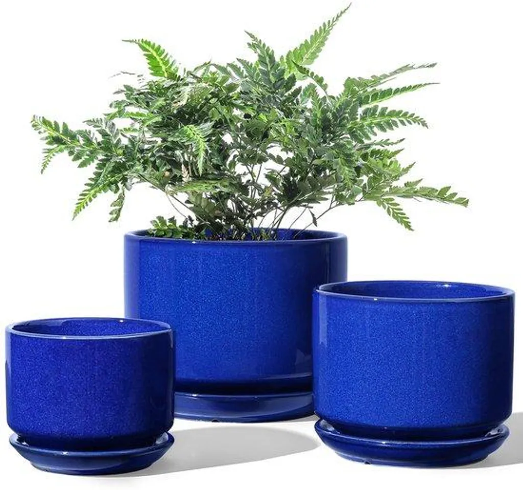 Pots de fleurs en céramique bleu saphir avec drainage - Lot de 3 pièces