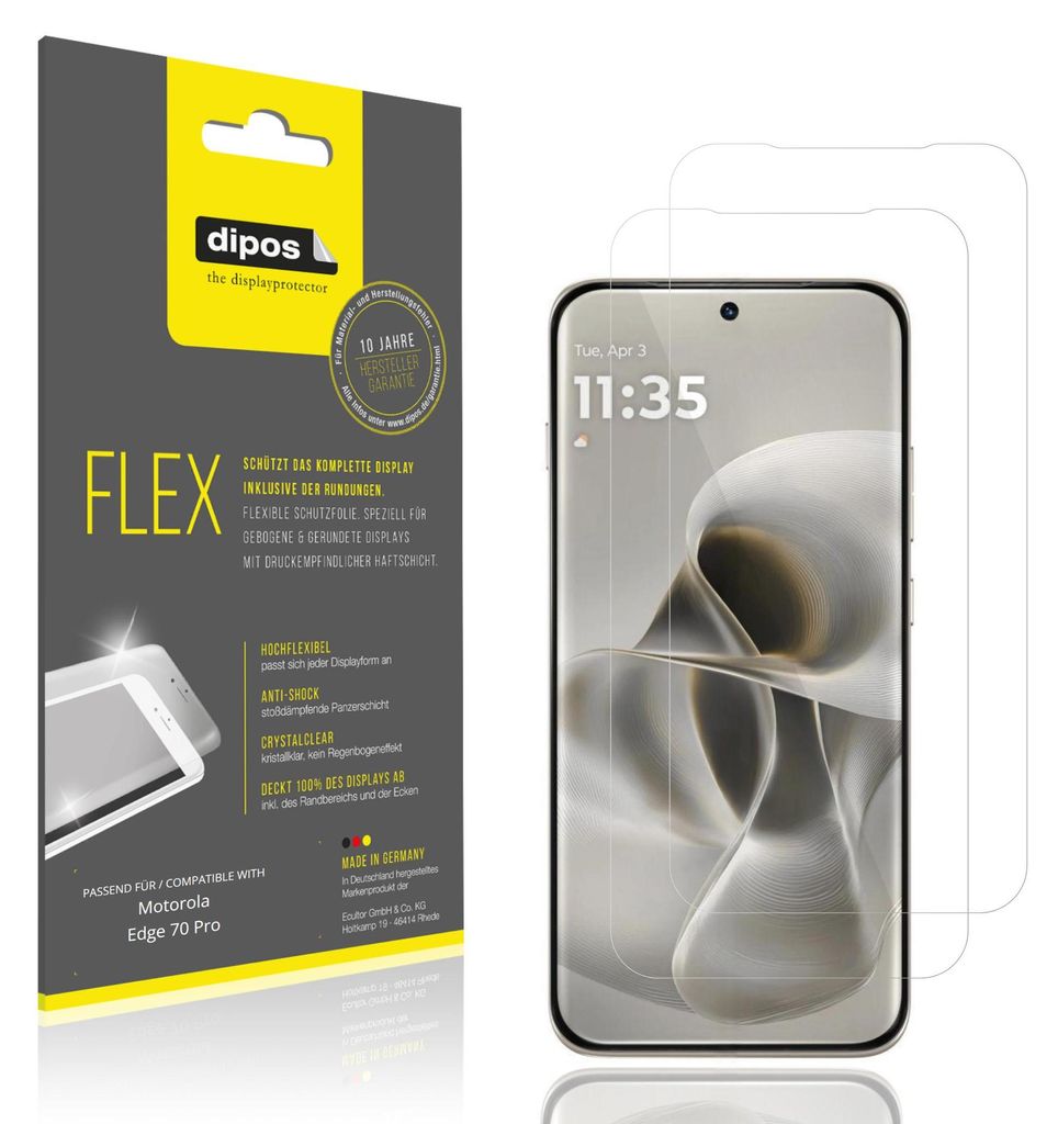 2x Schutzfolie für Motorola Edge 70 Pro Folie, 100% Displayabdeckung, dipos Flex