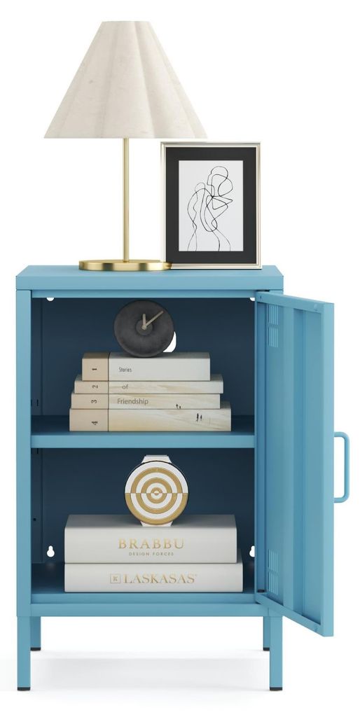 Furni24 Pera Metall Nachtschrank – Kommode aus Metall im Retro Design – Sideboard mit Aufbewahrung – für Schlafzimmer & Wohnzimmer – Blau
