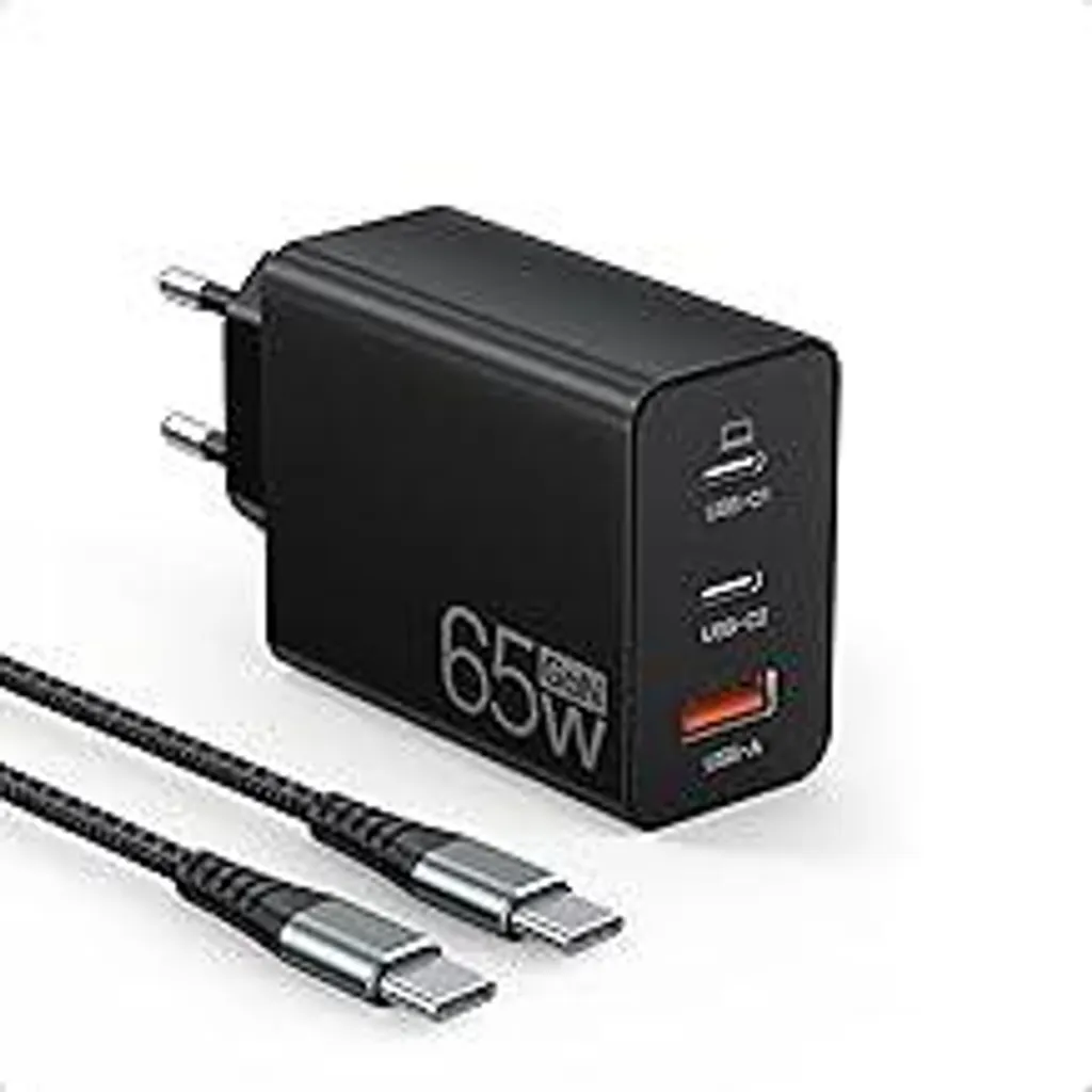 Caricabatterie USB C da 65 W, caricabatterie rapido USB a 3 porte con cavo di ricarica da 2 m, alimentatore USB C per MacBook Air Pro M1/M2, iPhone 17 Pro Max/16/15/14/13, Switch, Galaxy S24 Ultra/S23/S22, tablet, laptop, telefoni cellulari ecc. - 1