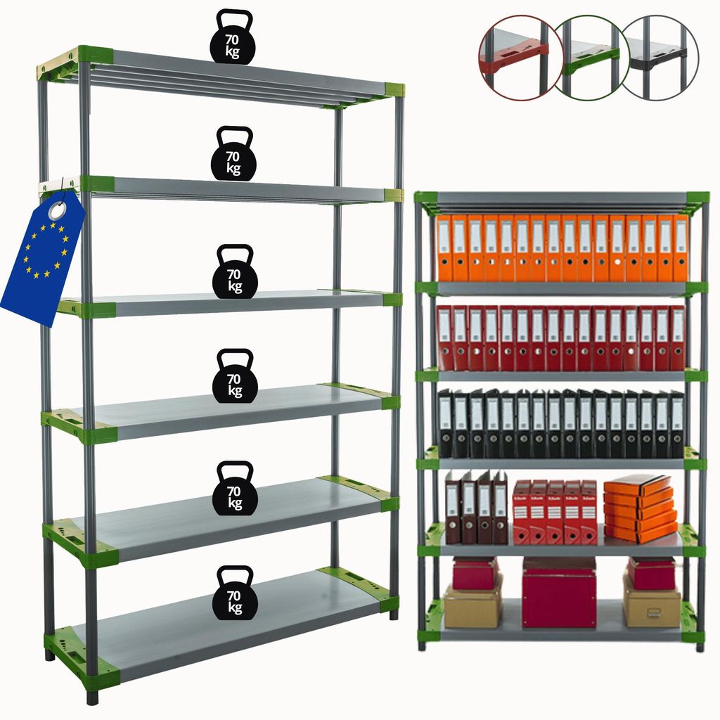 MODO24 Kunststoffregal, 6 Ablagen, 70kg/Boden, Schwerlast, Steckregal, Lagerregal, Plastikregal, Werkstatt, 222x140x46?cm, Grün, JUPITER