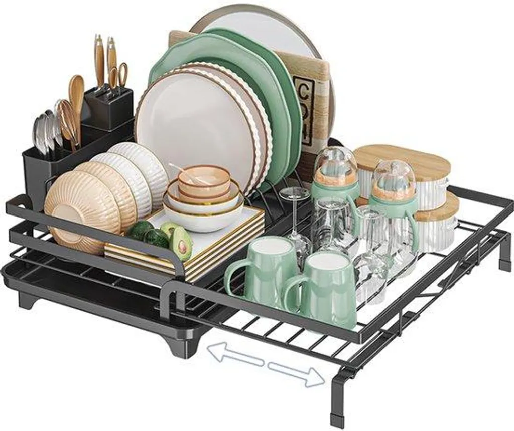Égouttoir pivotant noir en inox inoxydable de 42cm avec porte-ustensiles