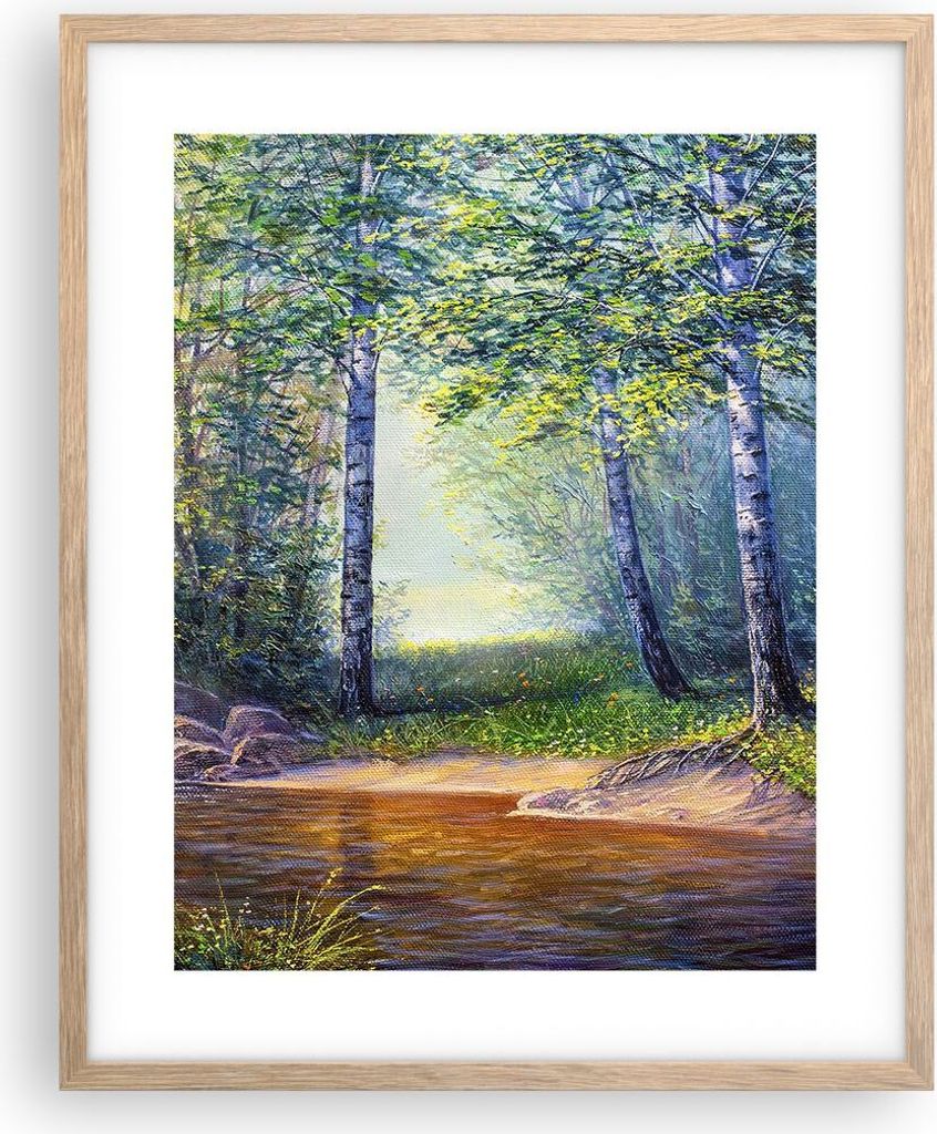 Gerahmtes Poster - Rahmen in heller Eiche - Wiese Wasser Baum - 40x50 cm - Wand Bild - Wanddeko - Wandbilder - Wandposter - Bilderrahmen - Bilder -...