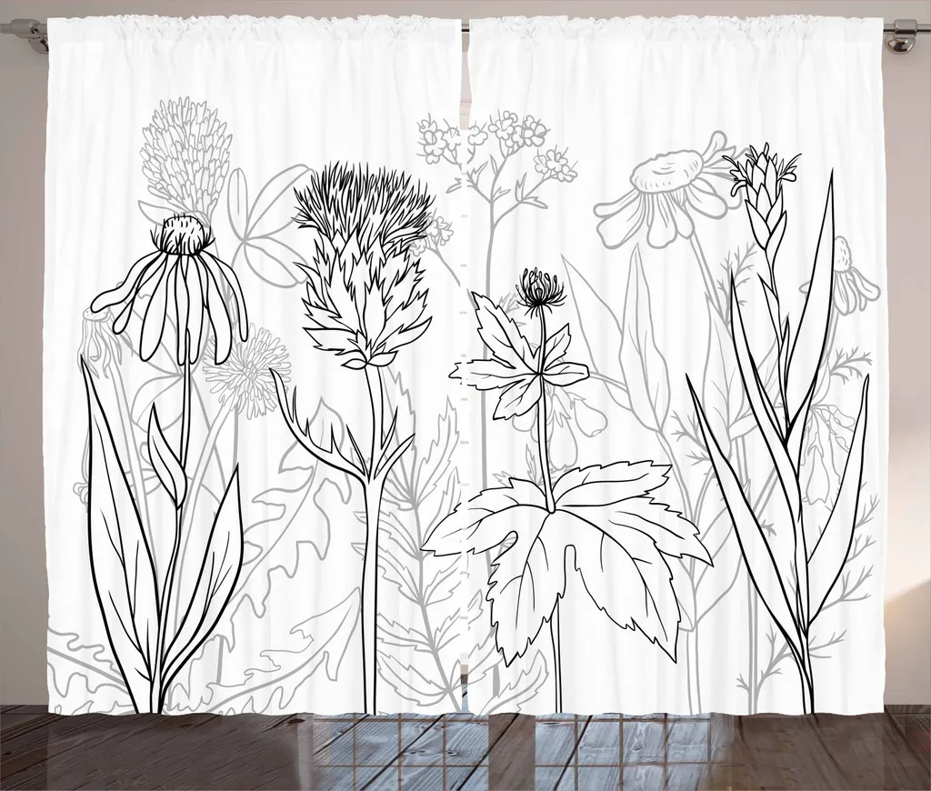 ABAKUHAUS Tenda rustica con motivo a cardi, motivo con erbe medicinali, tenda con passanti e ganci per camera da letto, 280 x 245 cm, grigio chiaro bianco