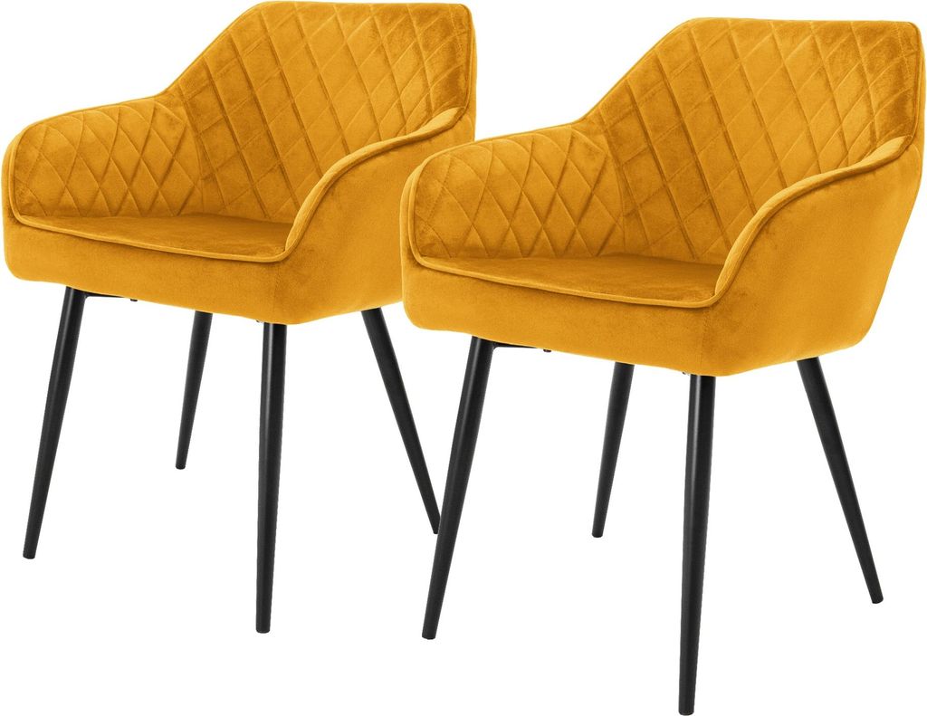 Two yellow dining chairs with black legs are shown against a white background.