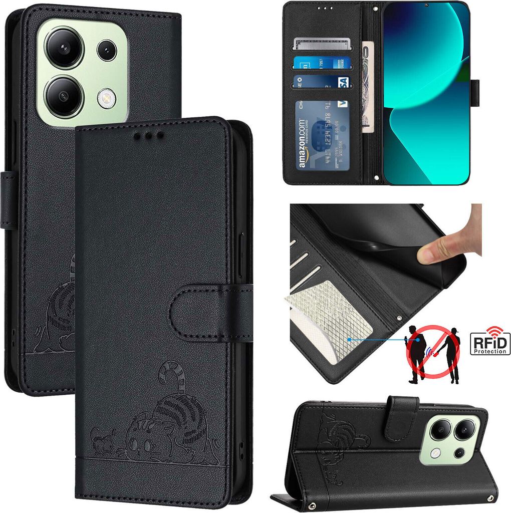 Leder Hülle für Xiaomi Redmi Note 13 4G Süße Katze Flip Case Brieftasche Schutzhülle mit Standfunktion Schwarz