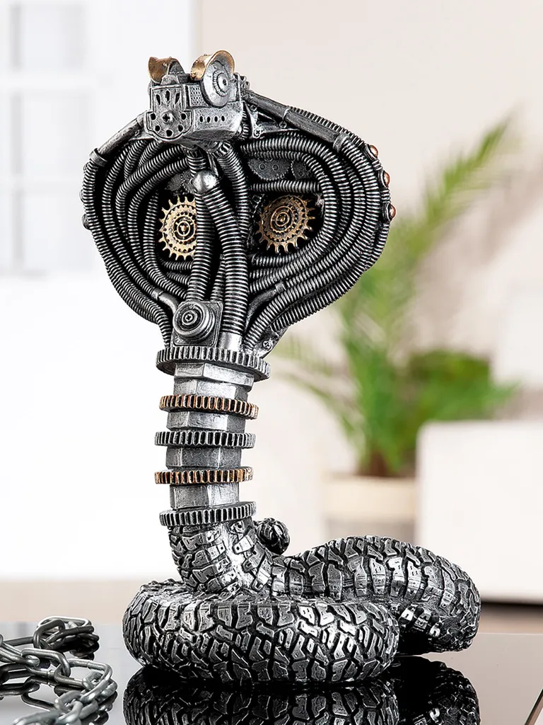 Sculpture Cobra Steampunk en Résine Argent 30cm - Détails Mécaniques