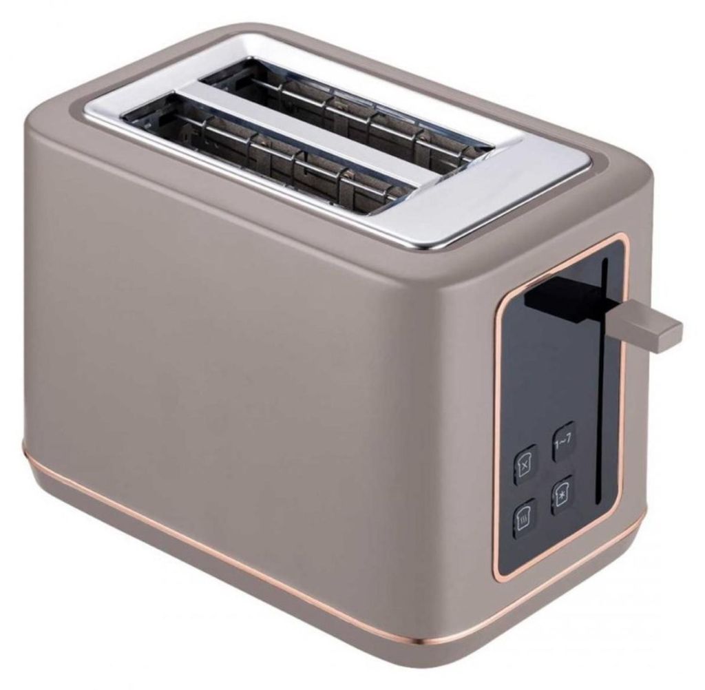A studio shot of a taupe toaster with rose gold trim.