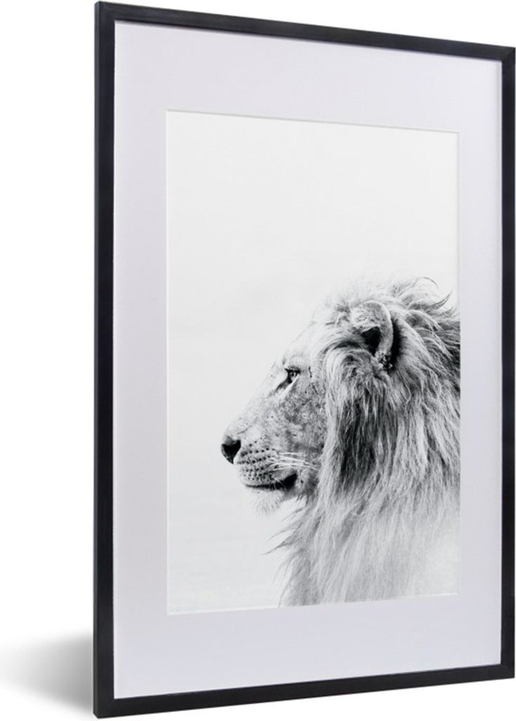 MuchoWow MuchoWow Gerahmtes Poster Profil - Löwe - Schwarz - Weiß 40x60 cm - Poster mit zchwarzem Bilderrahmen - Poster in Rahmen