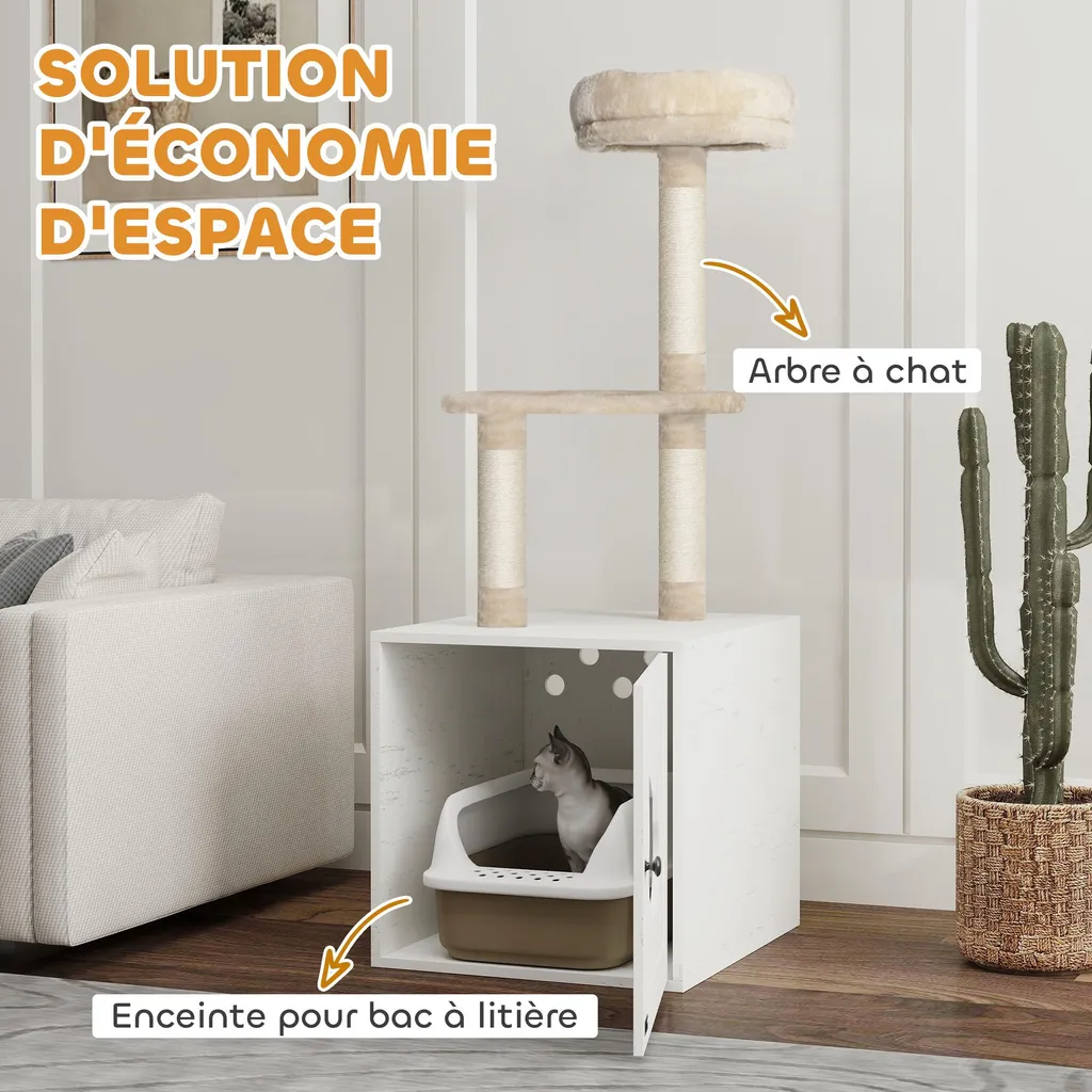 Arbre à chat d'appartement avec cache-litière fermé beige 129 cm - 6