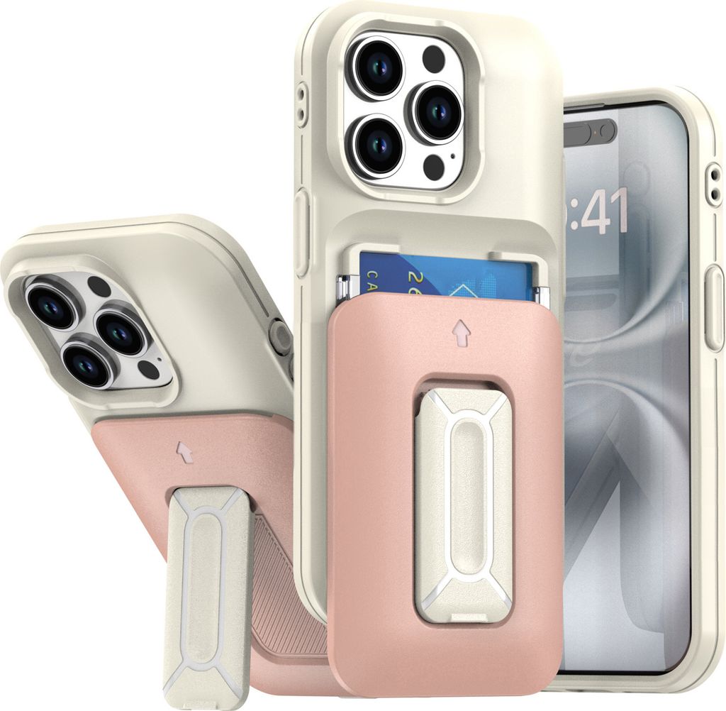 Kartenhalter Handyhülle für iPhone 15 Pro, Weiches TPU Brieftasche, Heavy Duty Ständer Hülle Pink