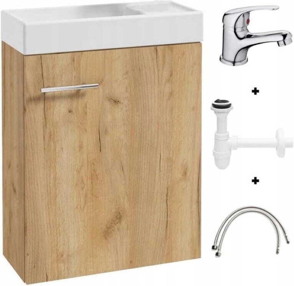 A bathroom vanity with a sink, faucet, and plumbing accessories, presented against a white background.