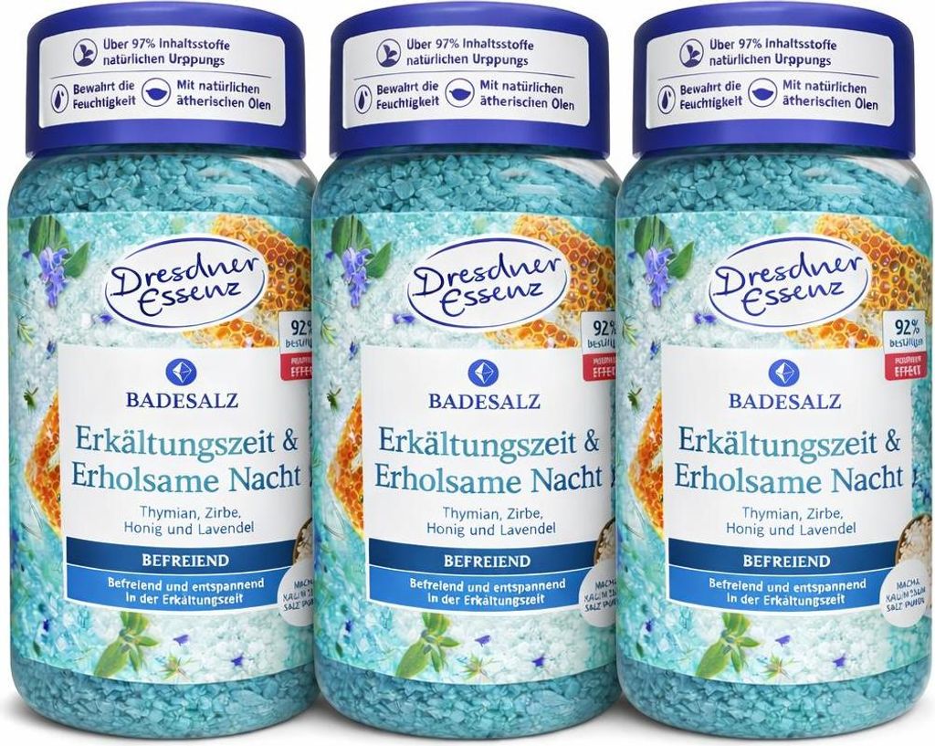3x600 g Dresdner Essenz Badesalz Erkältungszeit & Erholsame Nacht