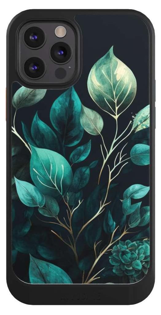 NIVOCASE Hülle für Apple iPhone 12 Pro Handyhülle NIVOcore Case Schwarz Blätter schwarz Eukalyptus