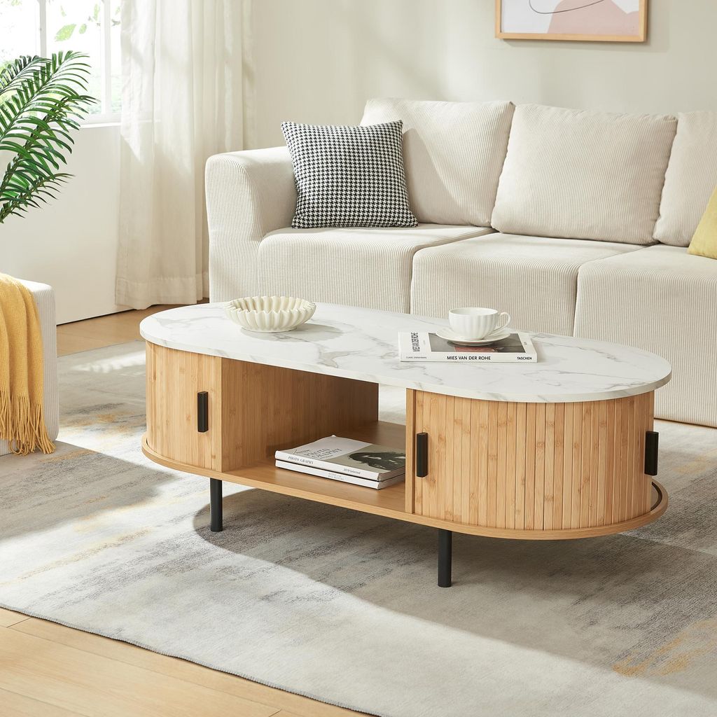 Couchtisch ‘Tvedestrand’ mit 2 Schiebetüren Metallbeine 120 x 55 x 40 cm Marmorweiß / Natur