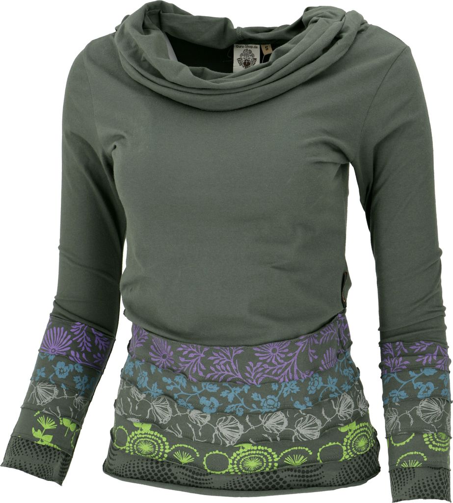 Kapuzenshirt, Boho Patchwork Shirt mit Schalkapuze, Biobaumwolle - Farngrün, Damen, Baumwolle(Bio), Größe: XL