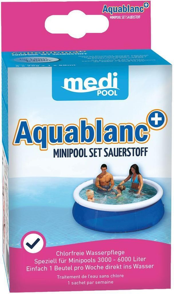 The image shows the packaging of a swimming pool water treatment product, with a family enjoying a minipool in the background.