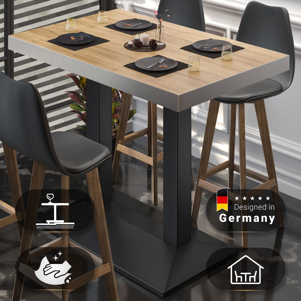 BPA | Bistro Stehtisch | 110 x 60 x 114 cm | Edelstahl Rand | Rechteckig | Eiche / Schwarz | Gastro Steh Tisch Restaurant
