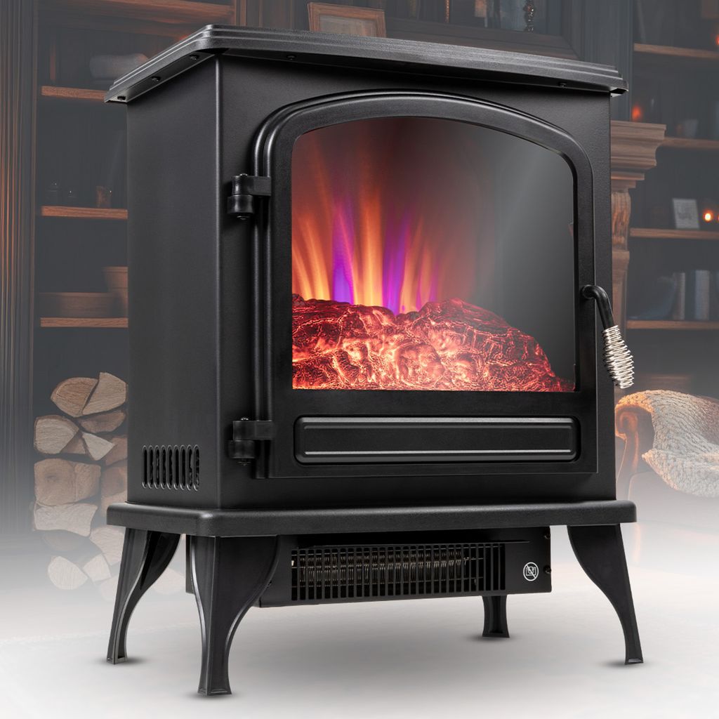 Heidenfeld Elektrokamin EK100 | Standkamin mit Glasfront - 2 Heizstufen - 1000-2000 Watt - bis 30m² - Realistischer 3D-Flammeneffekt - LED