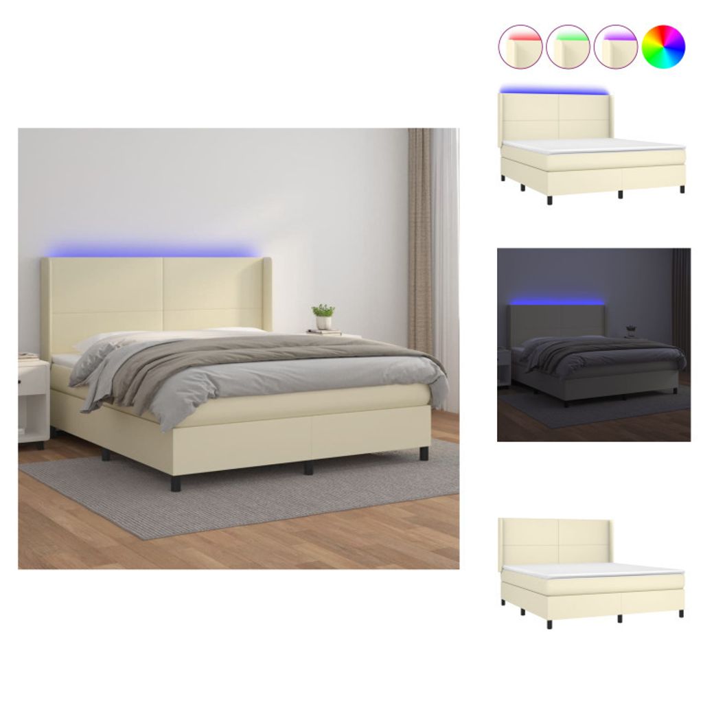 vidaXL Boxspringbett mit Matratze & LED Creme 180x200 cm Kunstleder - Betten & Bettgestelle