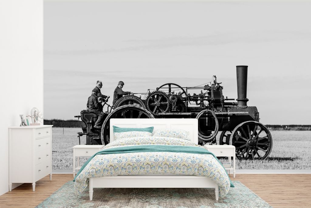 MuchoWow Fototapete für Wohnzimmer oder Schlafzimmer Wandtapete Vinyl Motivtapete Traktor - Schwarz - Weiß - Bauernhof - Vintage - 400x300 cm -...