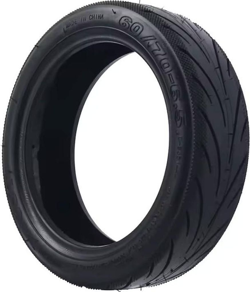 A black tire is shown against a white background.