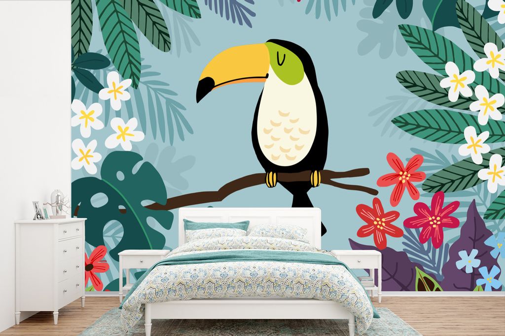 MuchoWow Fototapete für Wohnzimmer oder Schlafzimmer Wandtapete Vinyl Motivtapete Tukan - Pflanzen - Kinder - Tiere - Kinder - 390x260 cm - Papi...
