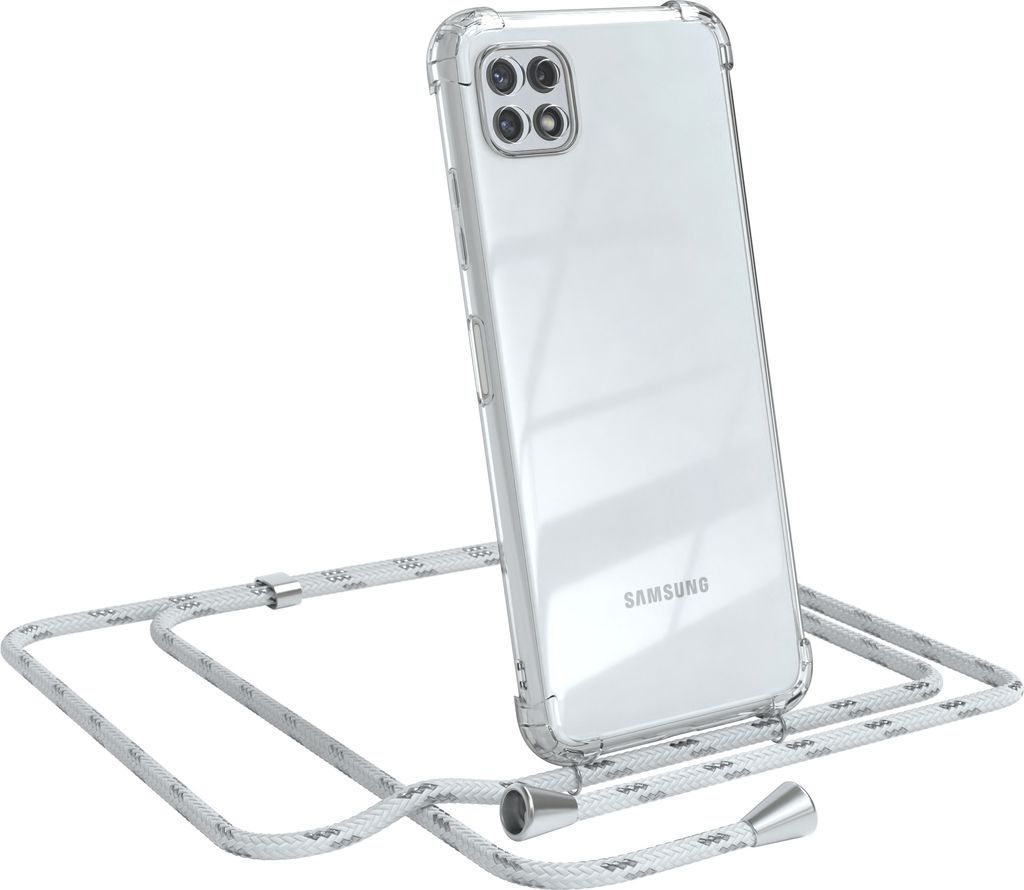 EAZY CASE Handykette kompatibel mit Samsung Galaxy A22 5G, Handyhülle mit Umhängeband, Handykordel, Schutzhülle Clear, Band in Weiß