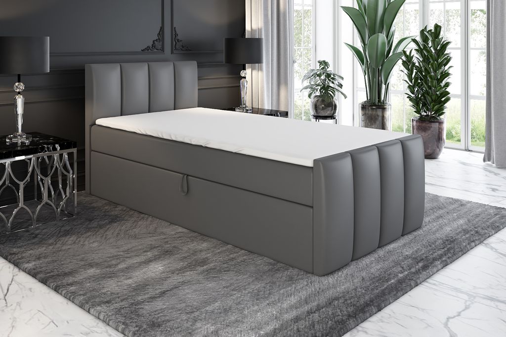 Boxspringbett, Jugendbett FUNI 80x200 (Rechts) mit Bettkästen, Bonell-Matratze und Topper. Farbe: Grau