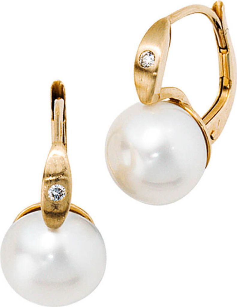 Ohrringe Ohrhänger Boutons mit Perlen & Diamanten 585 Gold mattiert Ohrschmuck