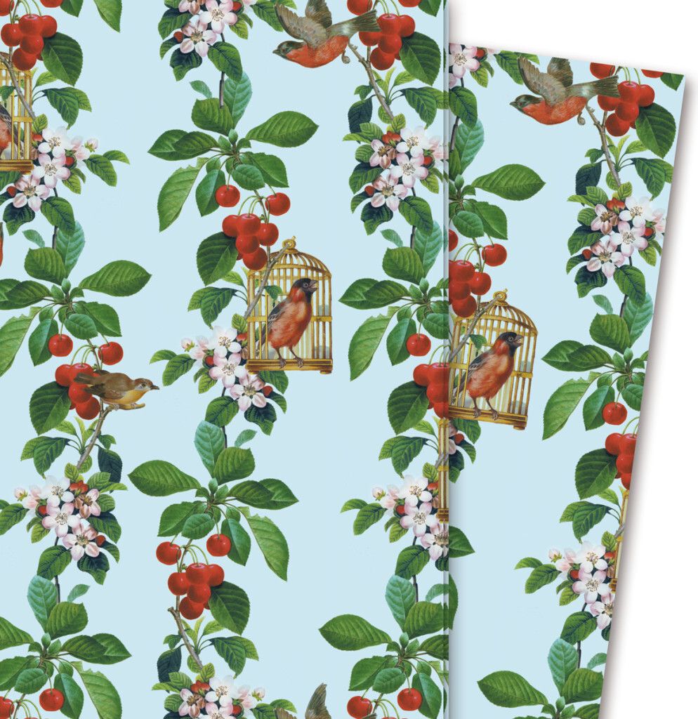 Wunderschönes Geschenkpapier Apfelkirsche mit Vögeln und Blüten, blau - G4236, 32 x 48cm