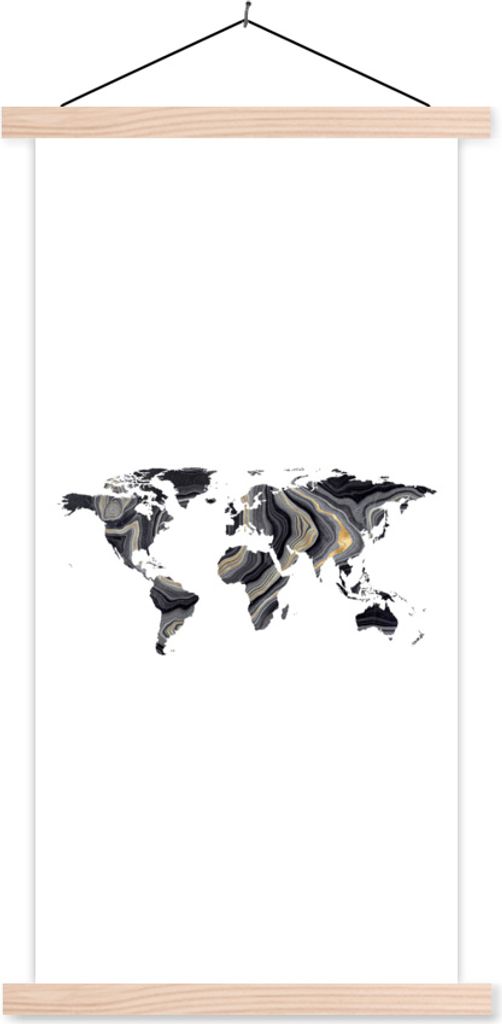 MuchoWow Textilposter Weltkarte - Gold - Linie 40x80 cm mit holzfarbenen Rahmen - Wohnzimmer