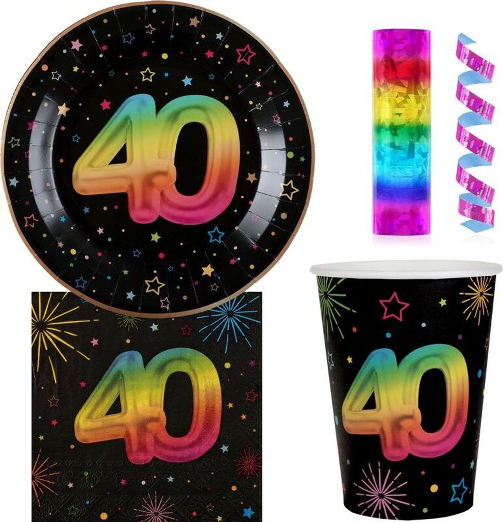 40. Geburtstag Einweggeschirr bunt Partyset Party Geschirr Pappteller Pappbecher Servietten