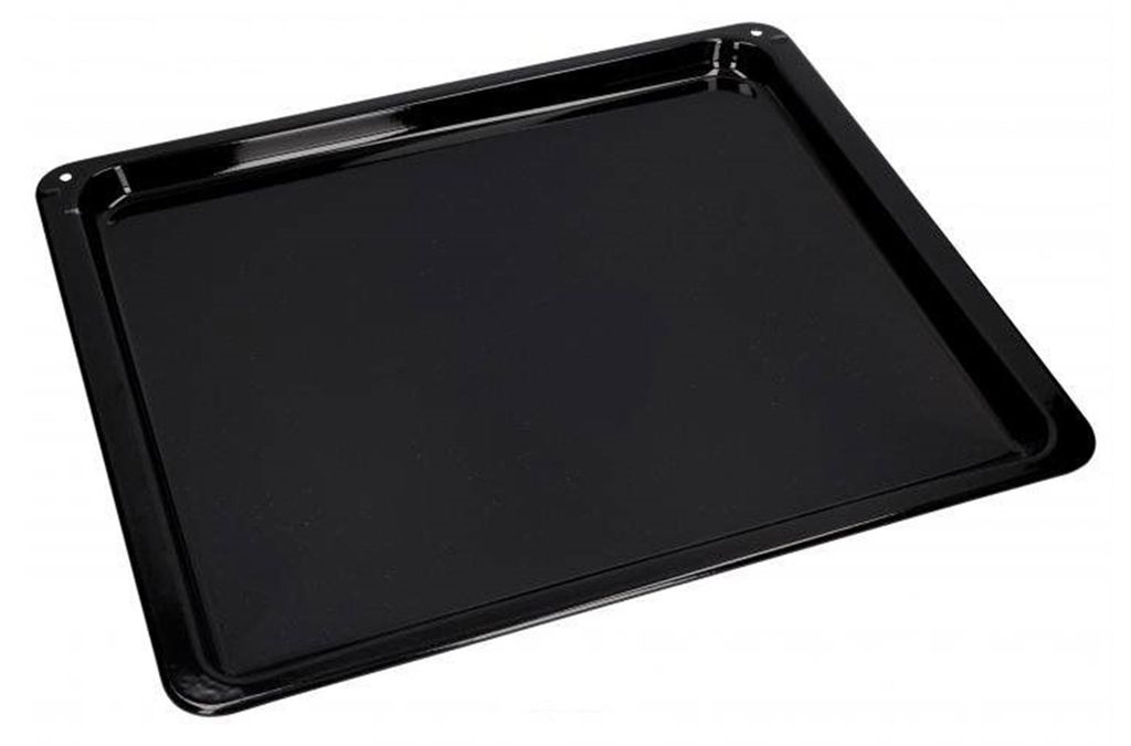 A black baking tray on a white background.