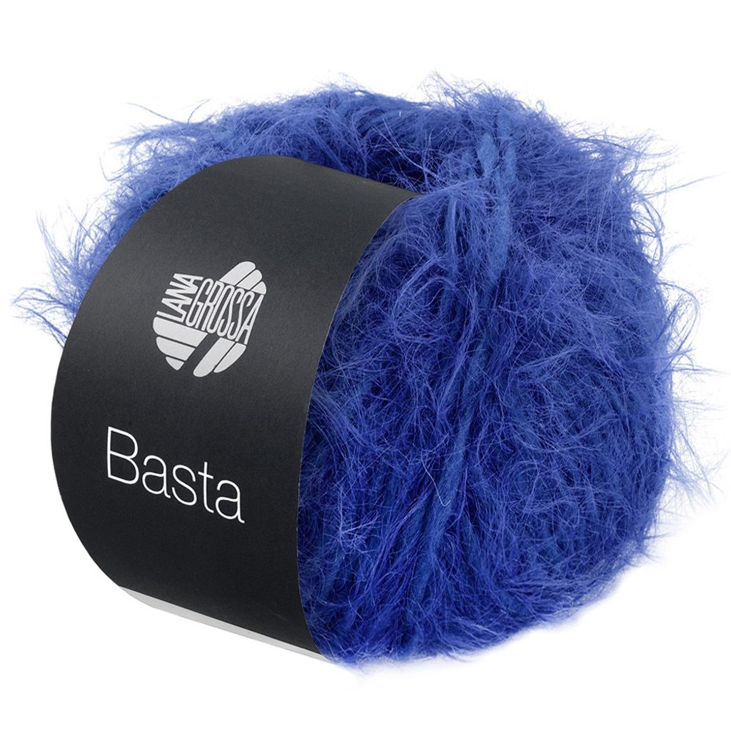 A ball of blue fuzzy yarn with a black label.