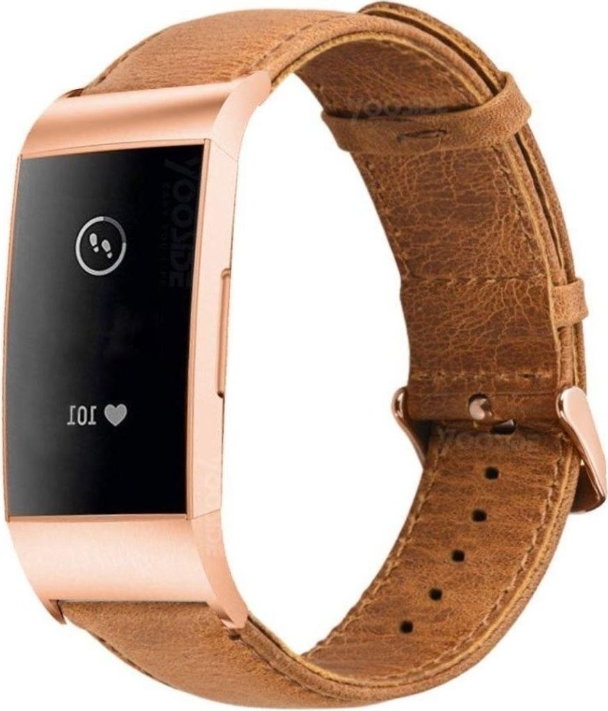 Strap-it Fitbit Charge 3 Armband Leder mit Rosa Schnalle (Braun)
