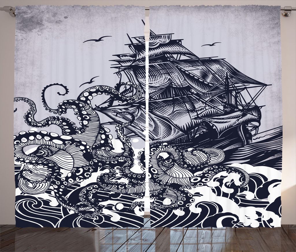 ABAKUHAUS Nautisch Rustikaler Gardine, Krake und Schiff im Sturm, Schlafzimmer Kräuselband Vorhang mit Schlaufen und Haken, 280 x 245 cm, Indigo P...