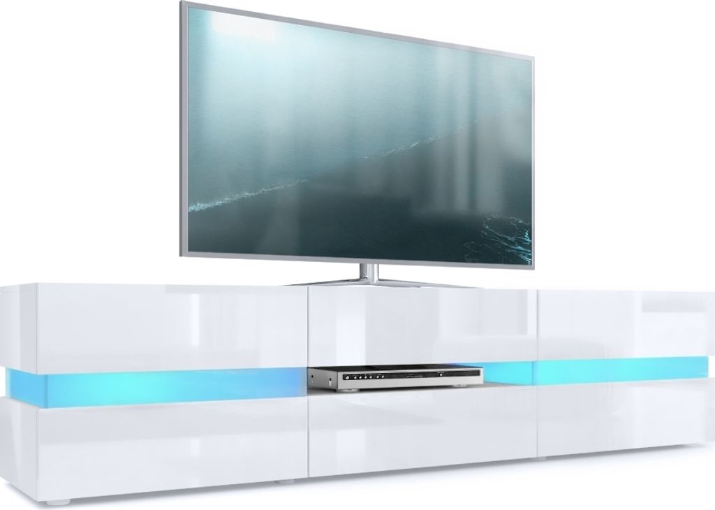 Vladon Lowboard Flow, Germany, TV-Kommode mit Ambient Light Verglasung mit 2 Türen, 1 Schublade und 1 Klappe, Weiß Hochglanz/Weiß Hochglanz, in...