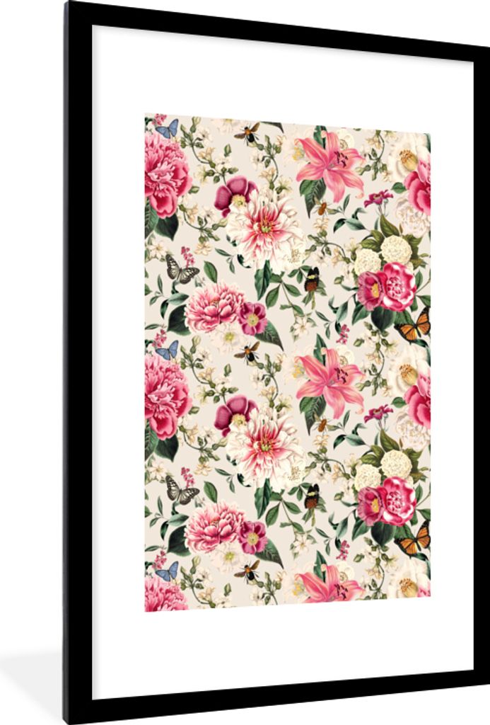MuchoWow MuchoWow Gerahmtes Poster Blumen - Insekten - Rosa 60x90 cm - Poster mit zchwarzem Bilderrahmen - Dekoration - Wandposter Wohnzimmer -...