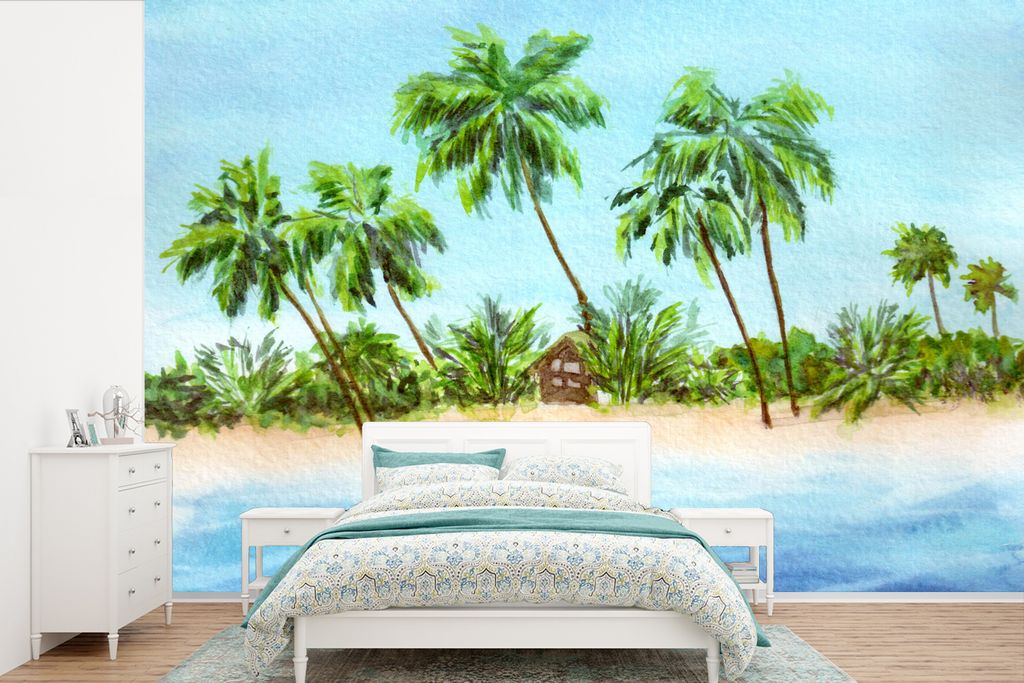 MuchoWow Fototapete für Wohnzimmer oder Schlafzimmer Wandtapete Vinyl Motivtapete Palme - Hütte - Strand - 330x220 cm - Fototapeten