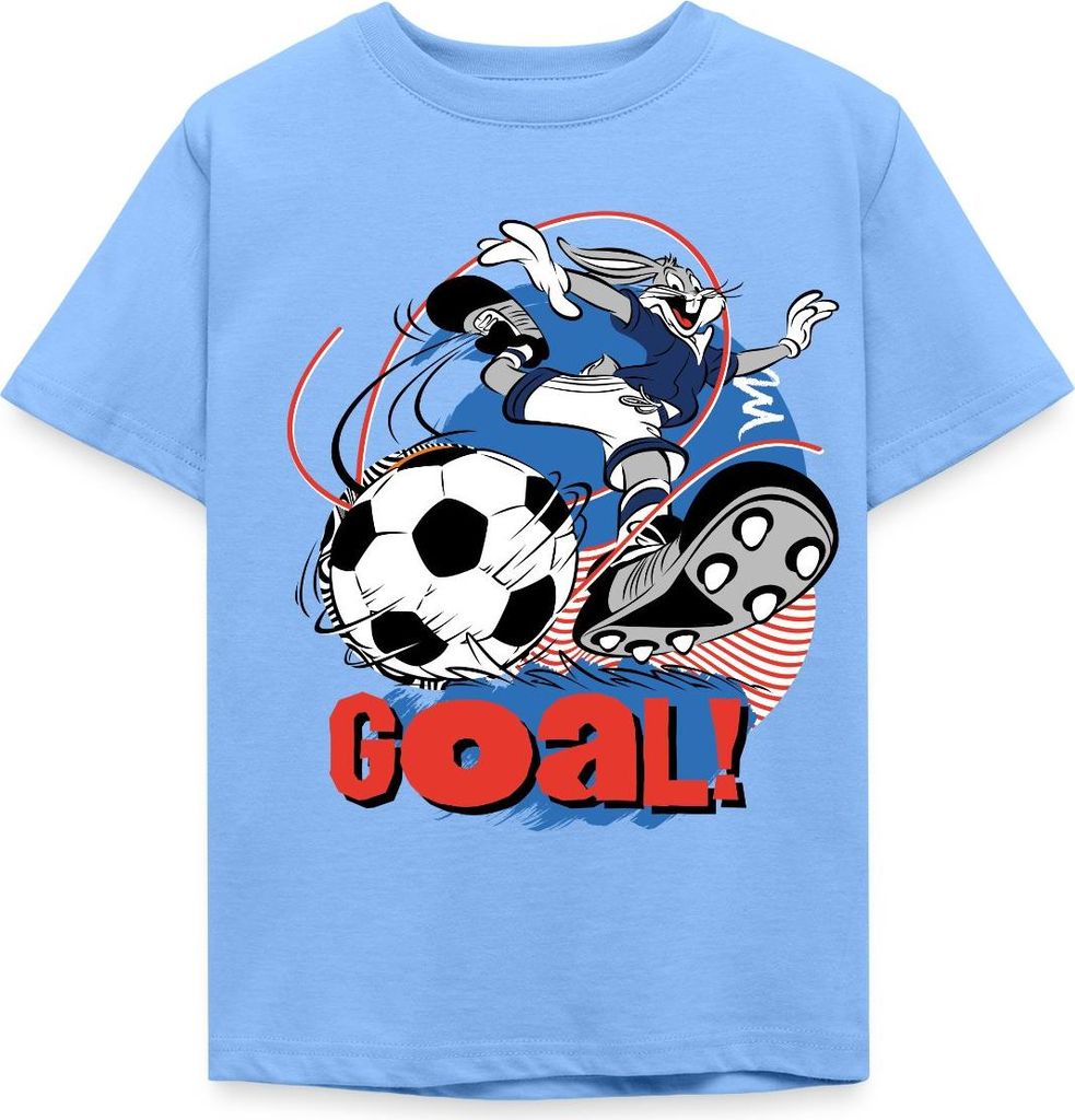 Spreadshirt Looney Tunes Bugs Bunny Fußball Goal Kinder T-Shirt, 98/104 (3-4 Jahre), Himmelblau